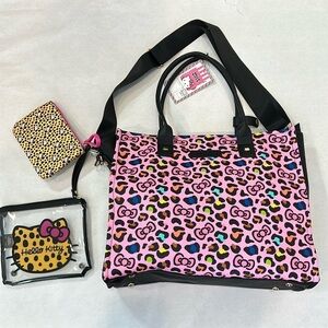 Brand New Hello Kitty bows & pink leopard three piece travel bag tote set rare
